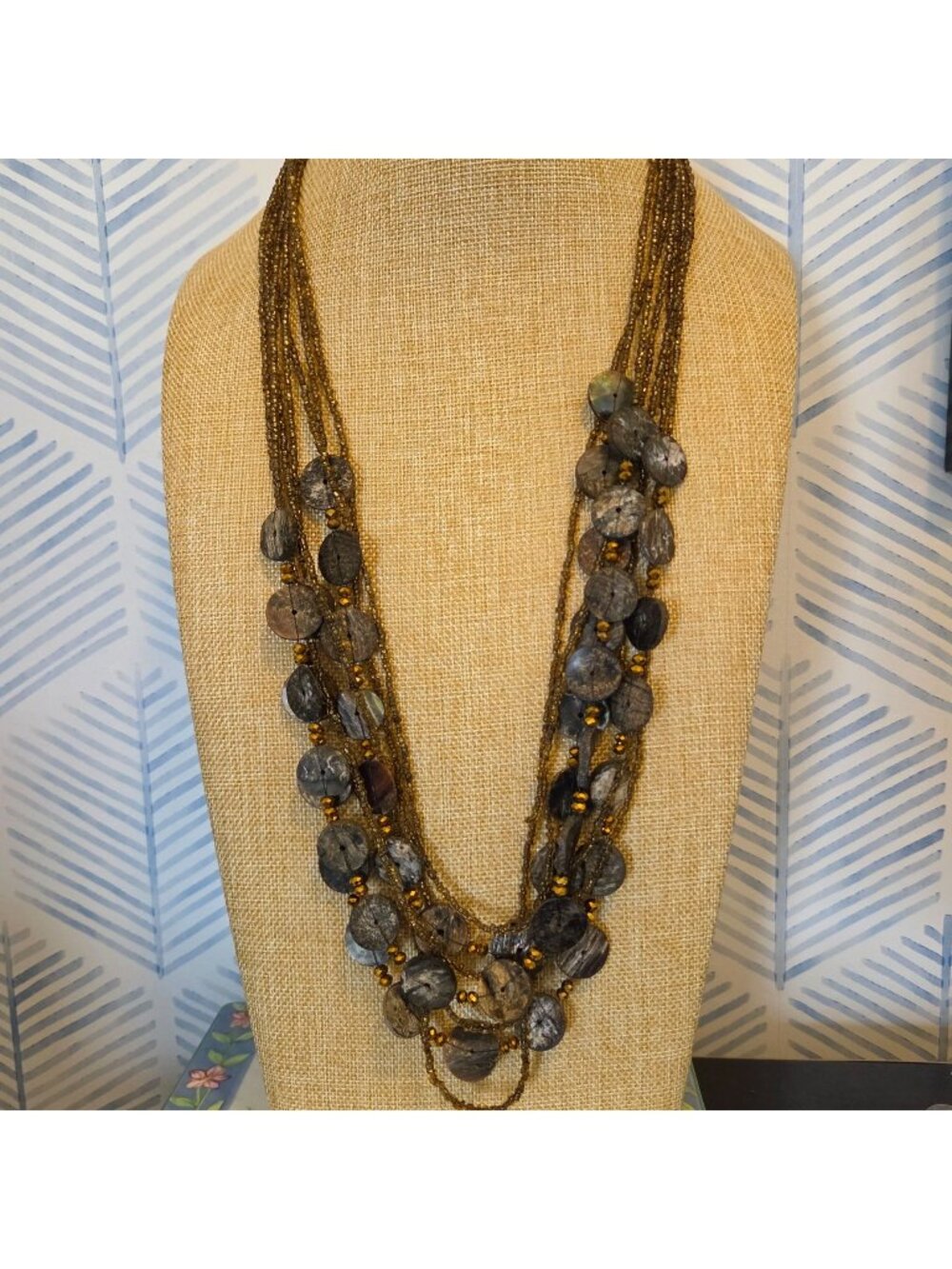 Vintage Boho Multi Layered Bronze Tone Beaded Stone 32" Necklace